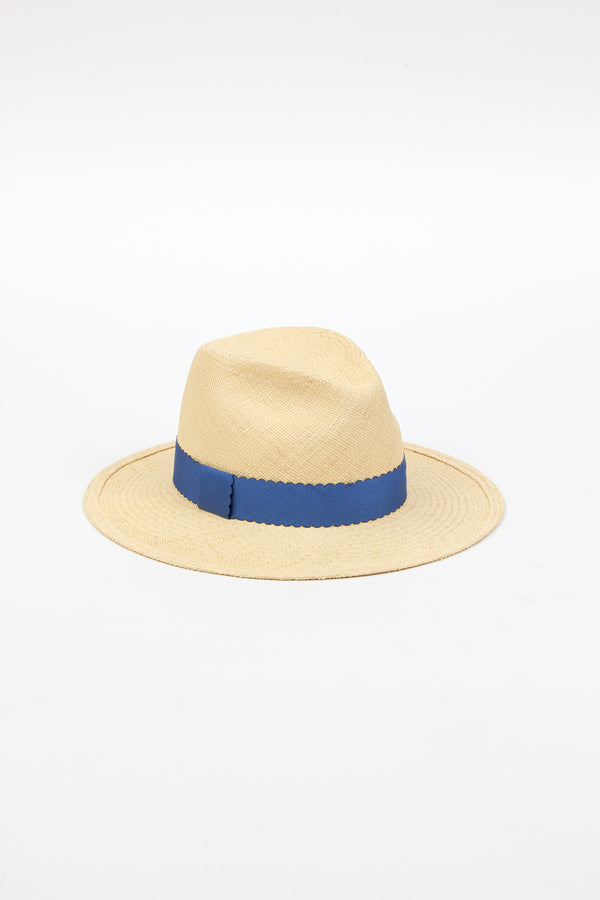 Straw panama hat with blue ribbon trim