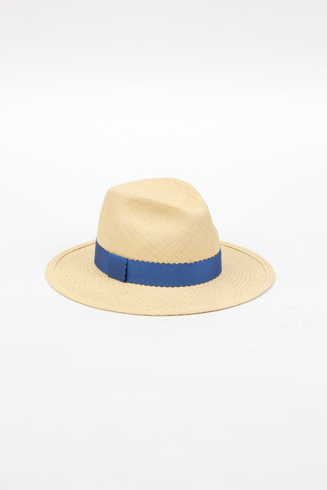 Straw panama hat with blue ribbon trim