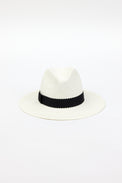 white straw panama hat with black ribbon trim
