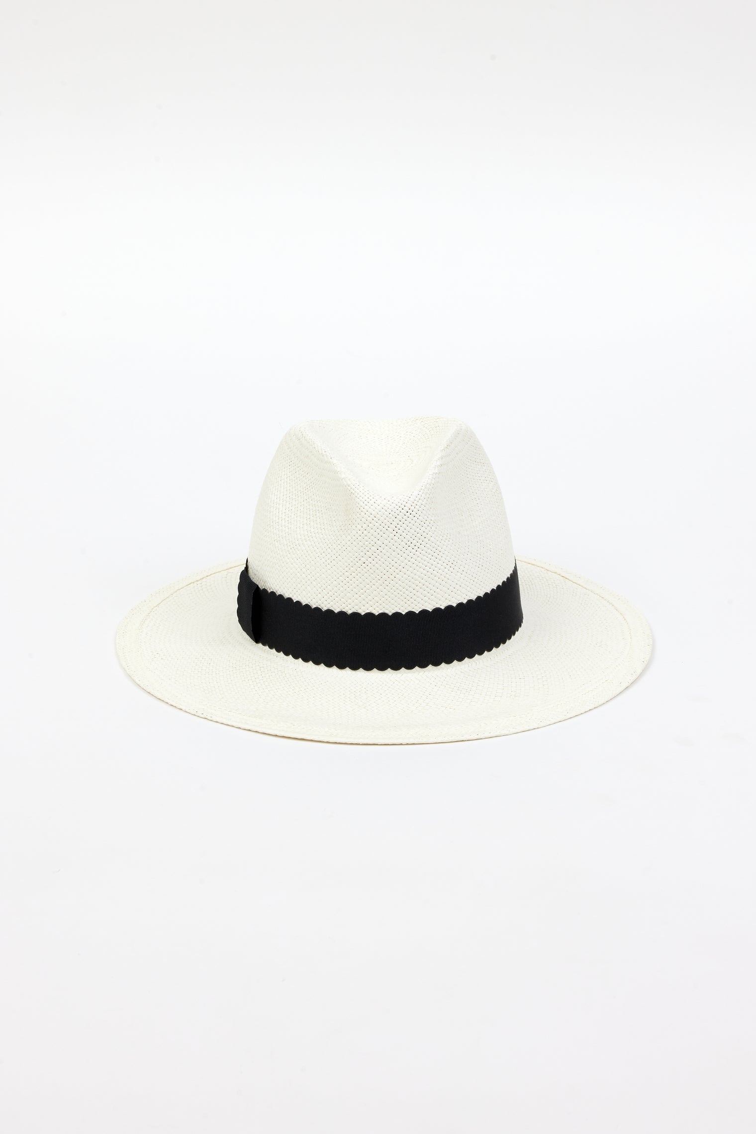 white straw panama hat with black ribbon trim