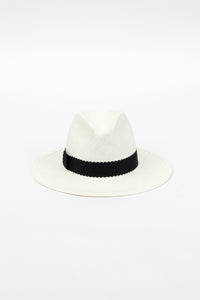 white straw panama hat with black ribbon trim