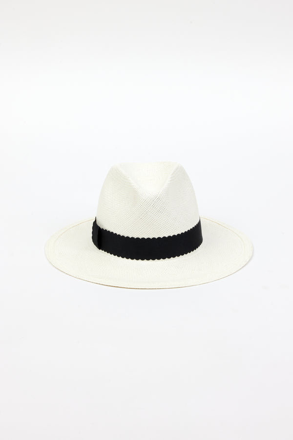 white straw panama hat with black ribbon trim