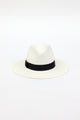 white straw panama hat with black ribbon trim