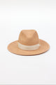 Front angle of pecan brown panama straw hat with ivory ribbon trim
