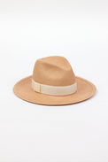 Pecan brown panama straw hat with ivory ribbon trim