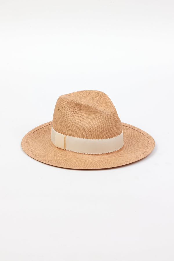 Pecan brown panama straw hat with ivory ribbon trim