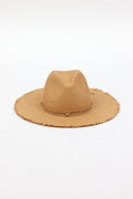 Front of brown fringed panama hat with brown trim