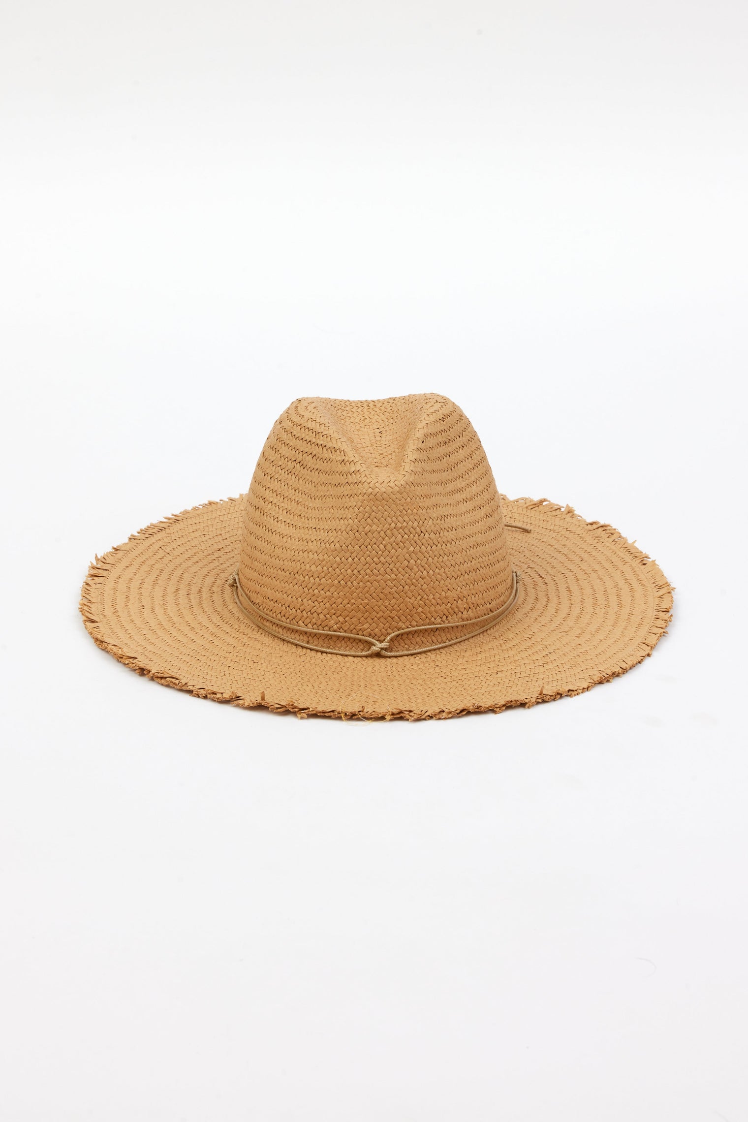 Front of brown fringed panama hat with brown trim
