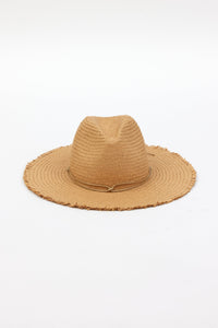 Front of brown fringed panama hat with brown trim