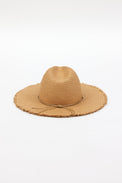 Back of brown fringed panama hat with brown trim