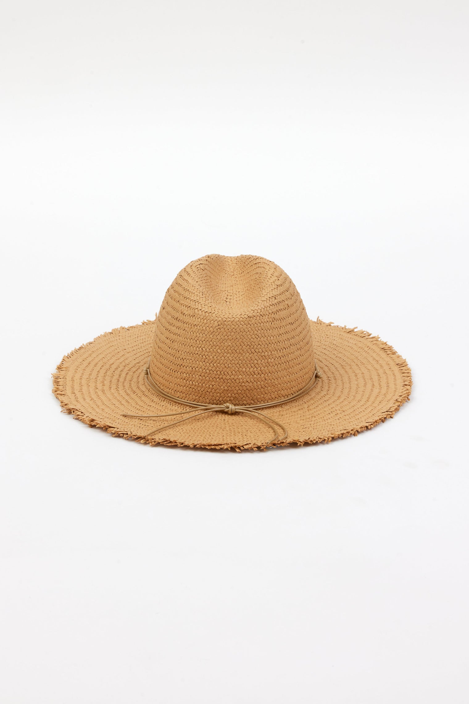 Back of brown fringed panama hat with brown trim