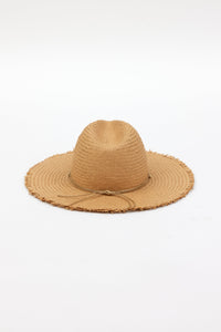 Back of brown fringed panama hat with brown trim