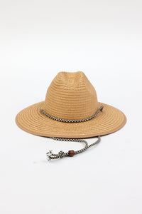 woven sunhat with black and tan chinstrap