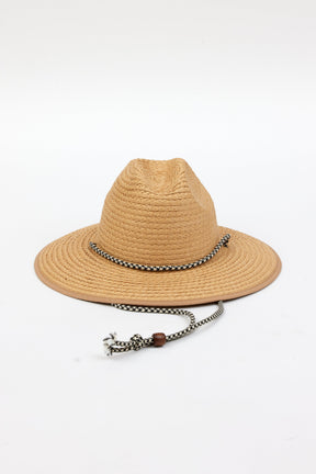 woven sunhat with black and tan chinstrap