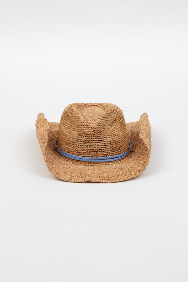 Raffia straw cowboy hat with blue wrap detail