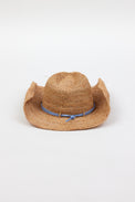 Back of raffia straw cowboy hat with blue wrap detail