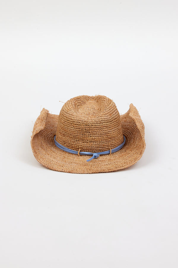 Back of raffia straw cowboy hat with blue wrap detail
