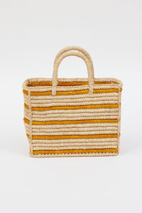 light tan straw bag with brown stripes