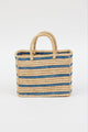 light tan straw bag with blue stripes