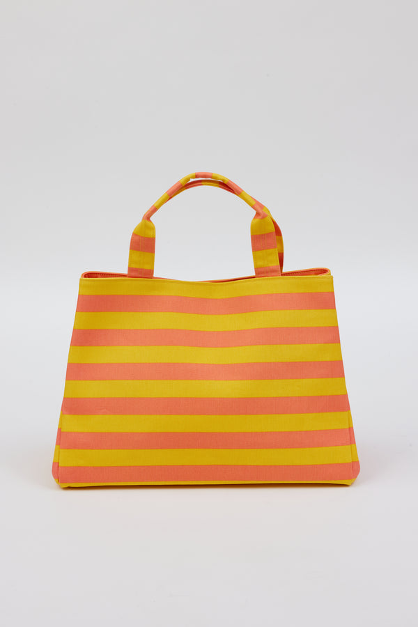 collapsed coral and yellow striped tote bag