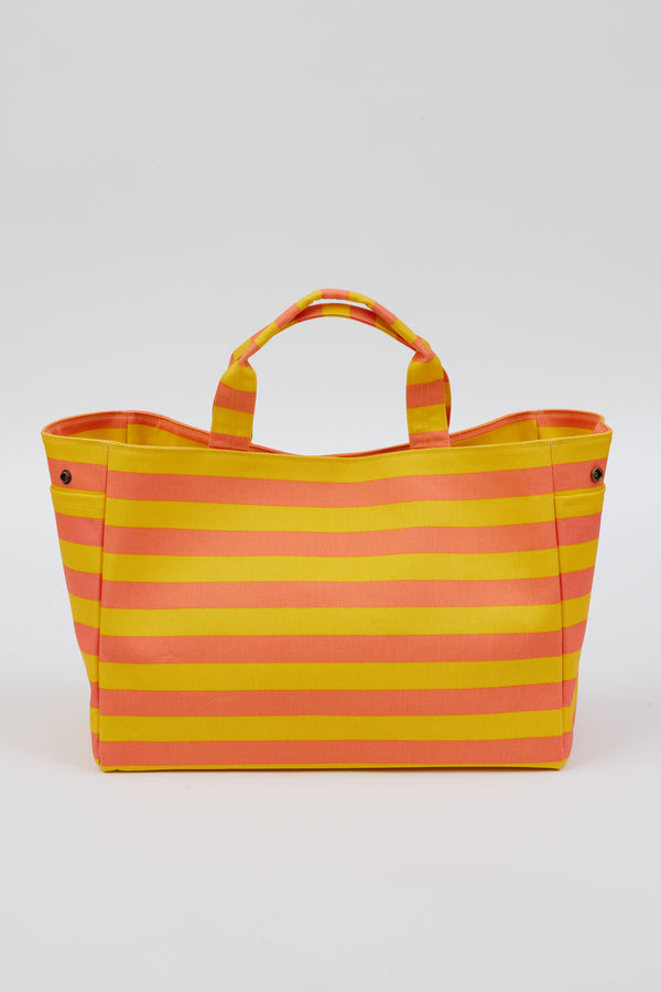 coral and yellow striped tote bag