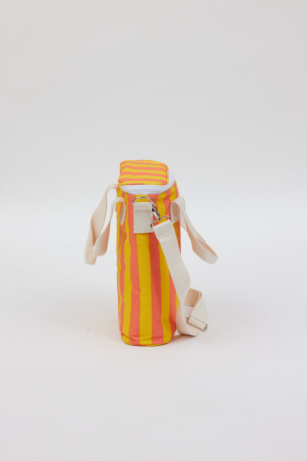 Side view of coral and yellow striped cooler bag