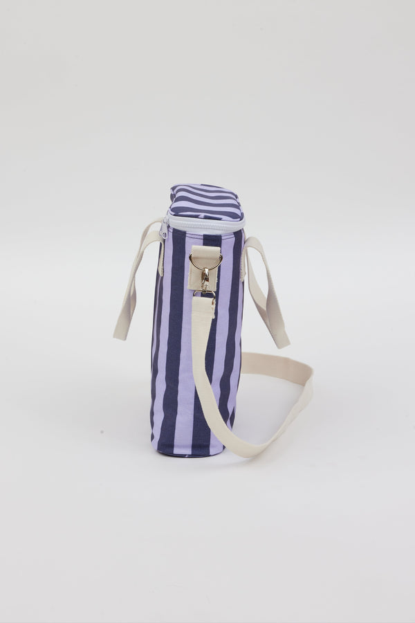 Side view of blue and lavender striped cooler bag