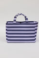 blue and lavender striped bag with snap closure