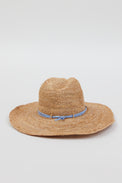 Back of raffia straw sun hat with blue wrap detail