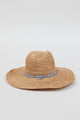 Back of raffia straw sun hat with blue wrap detail