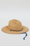 3/4 angle of woven sunhat with blue chinstrap