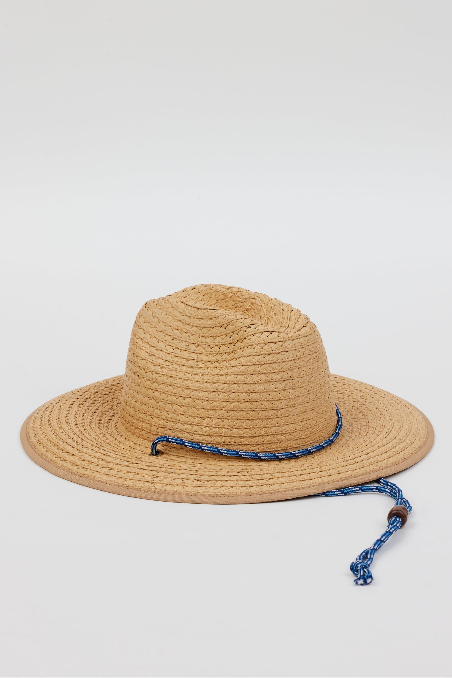 3/4 angle of woven sunhat with blue chinstrap