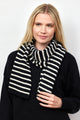 Black and ivory ribbed striped scarf on model