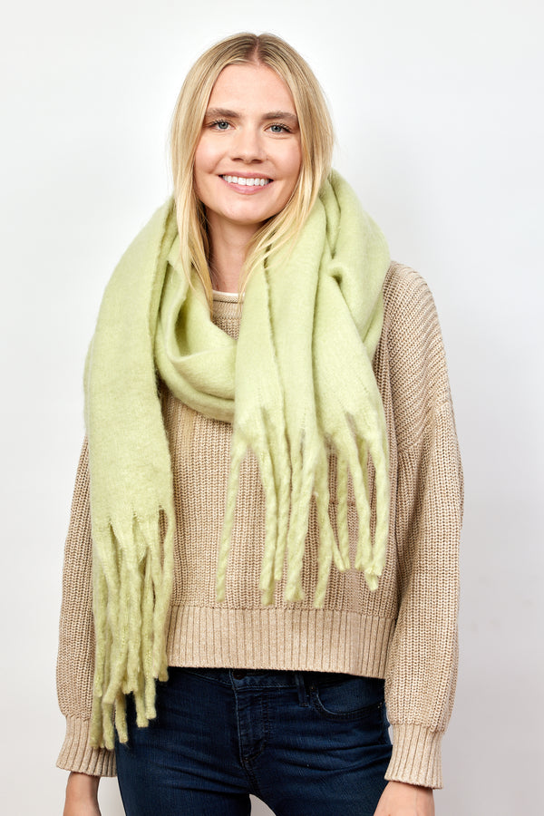 Model smiling while wearing mint green solid scarf with fringe