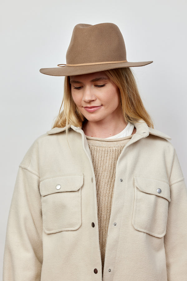 Model wearing beige jacket and taupe wool felt hat with tan sueded trim