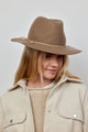 Model wearing taupe wool felt hat with tan sueded trim