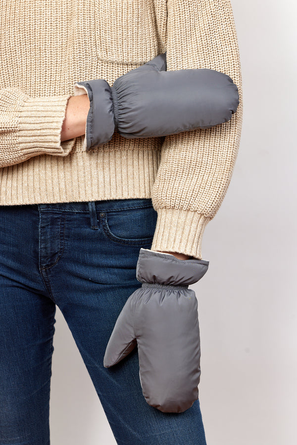 Grey water resistant mittens on model