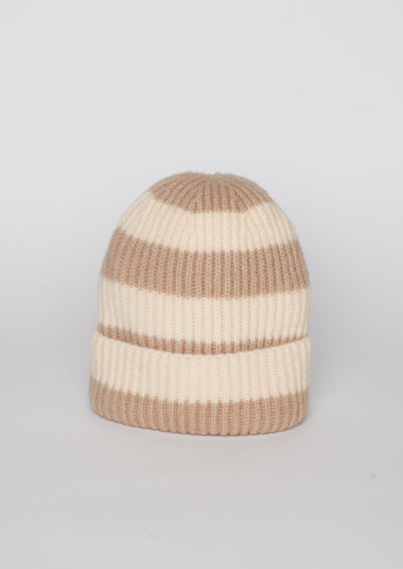 Tan and ivory striped ribbed knit cuffed beanie