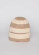 Tan and ivory striped ribbed knit cuffed beanie