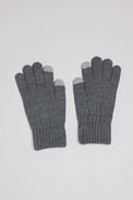 Pair of gray gloves with touchscreen tips on a light gray background