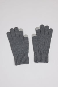 Pair of gray gloves with touchscreen tips on a light gray background