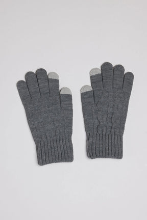Pair of gray gloves with touchscreen tips on a light gray background