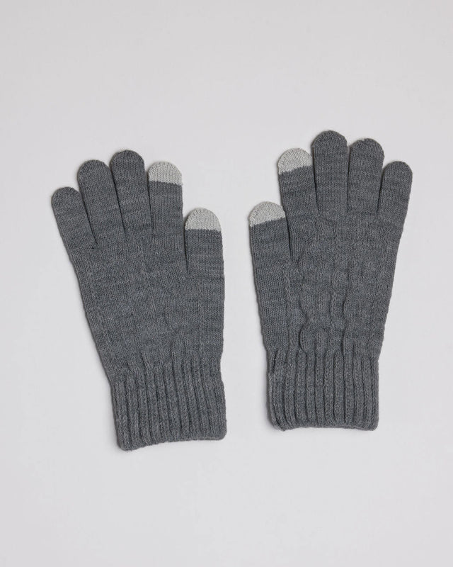 Pair of gray gloves with touchscreen tips on a light gray background
