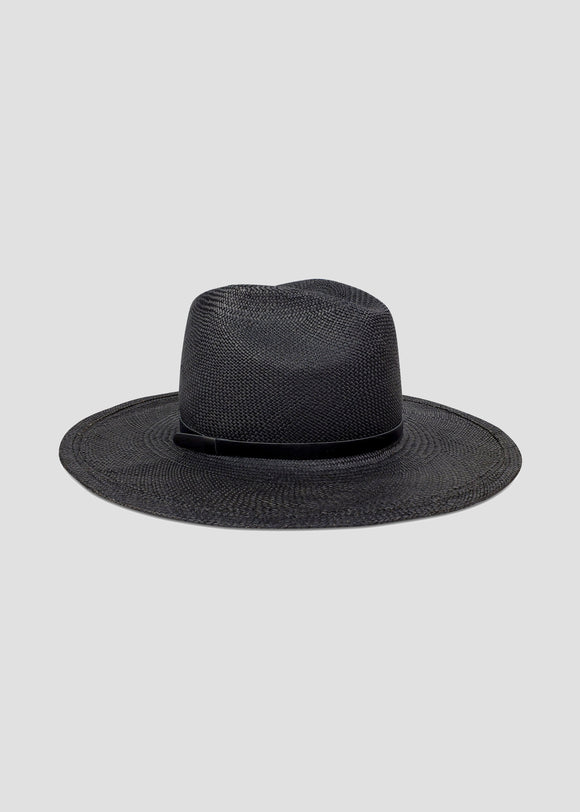Large brimmed black Panama hat with black leather trim