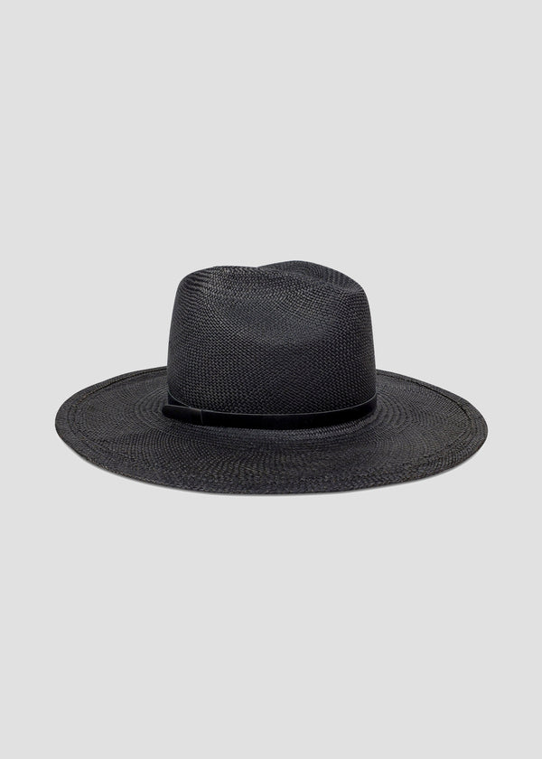 Large brimmed black Panama hat with black leather trim