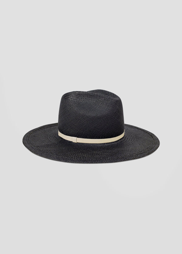 Black Panama hat with ivory leather trim