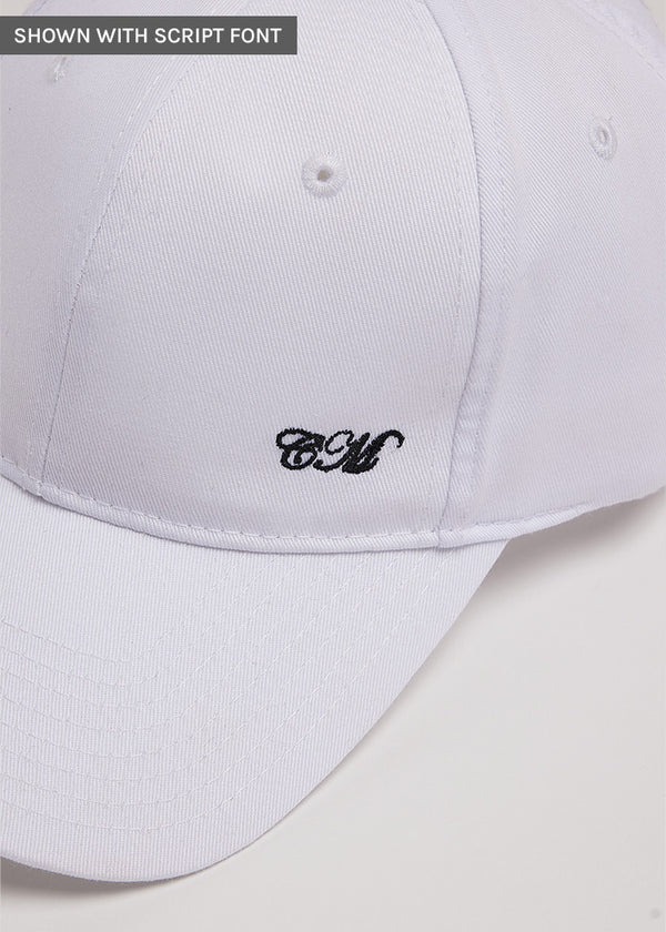Zoomed in detail of script embroidery on baseball hat