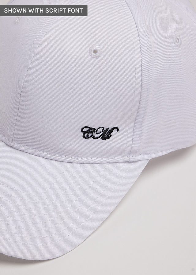 Zoomed in detail of script embroidery on baseball hat