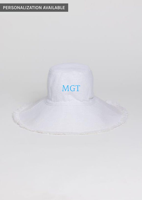 White packable canvas sunhat with blue embroidered letters