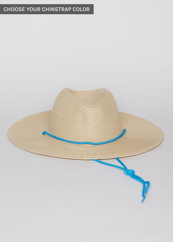 Paper straw brimmed hat with blue chinstrap detail